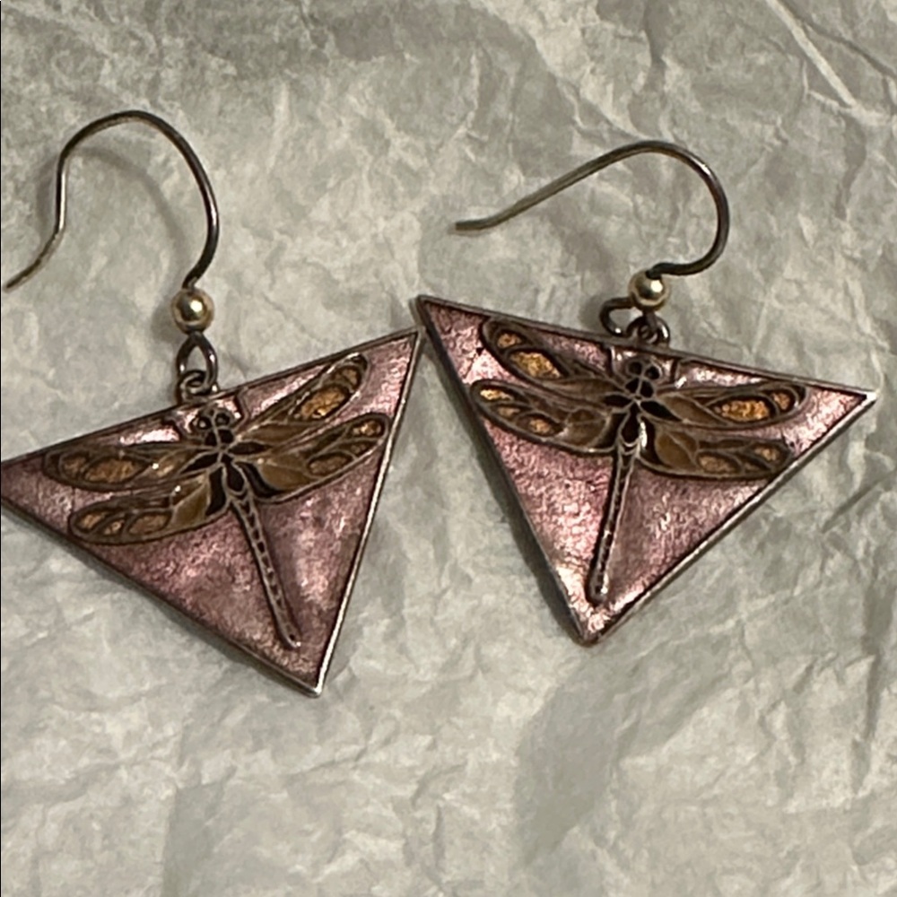 Vintage Cloisonné dragonfly Enamel Dangle & Drop Pierced Earrings
